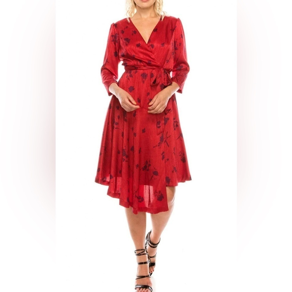 MAISON TARA Asymmetrical Midi Dress Sz 10 Floral 3/4 Sleeve Faux Wrap Dress Red